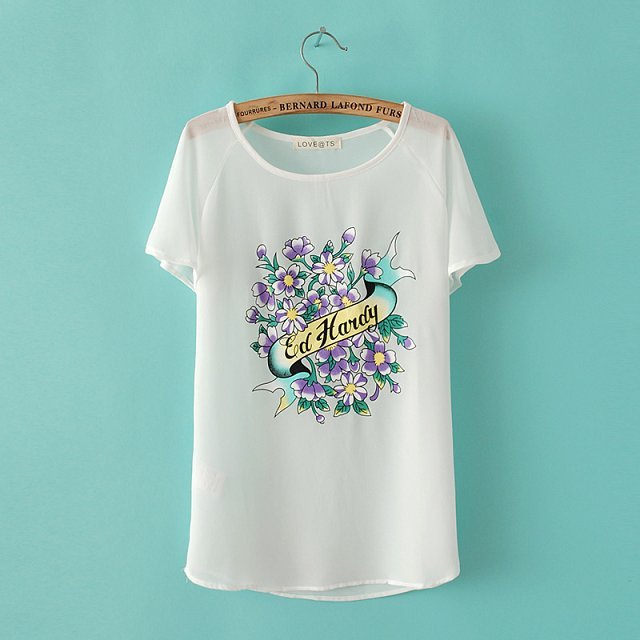 2014春夏新款韩版<em>女装雪纺衫</em>短袖兰花图案打