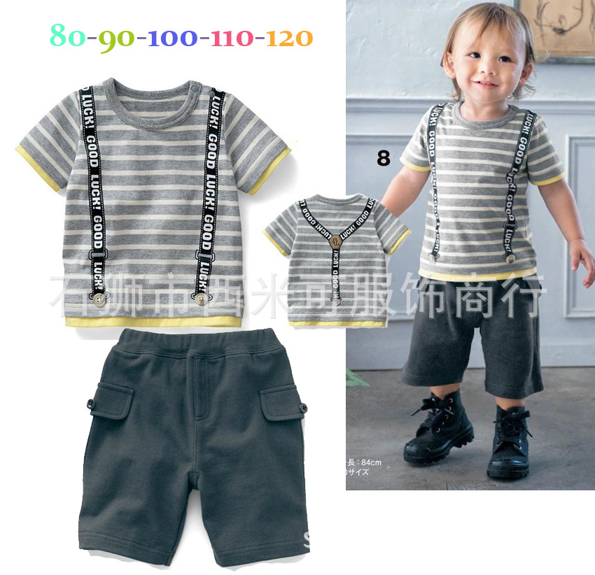 【千趣会男童假<em>背带</em>短袖<em>上衣短裤</em>两件套装全棉
