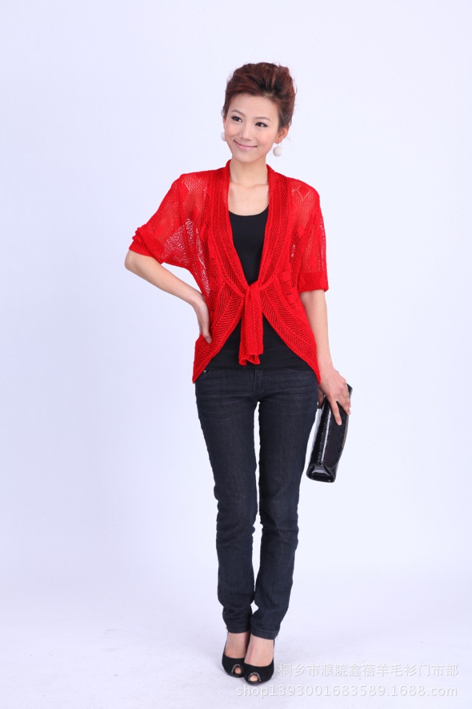 批发采购<em>女式</em>针织衫-中袖<em>圆摆</em>针织<em>开衫</em>镂空批