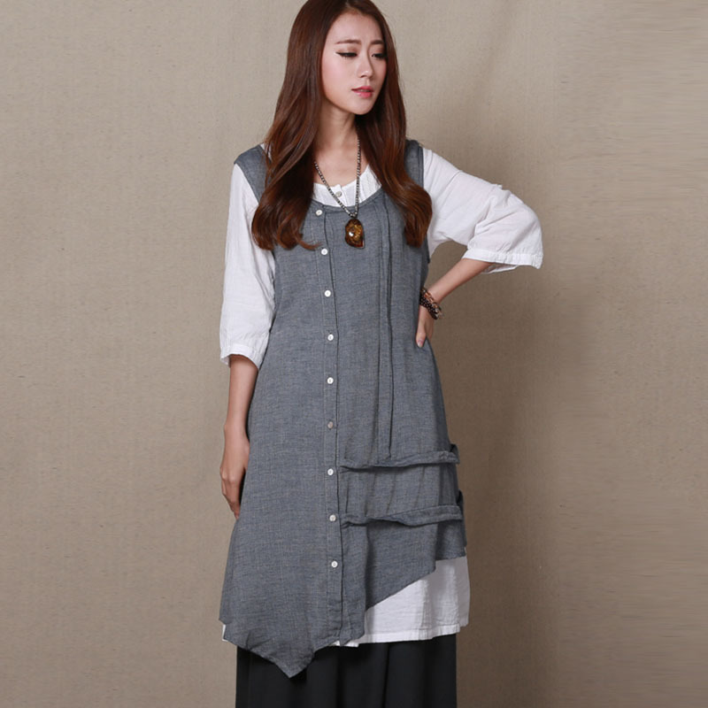 <em>春季女装</em>新款 日系棉麻<em>背心</em>裙 不对称开衫连衣