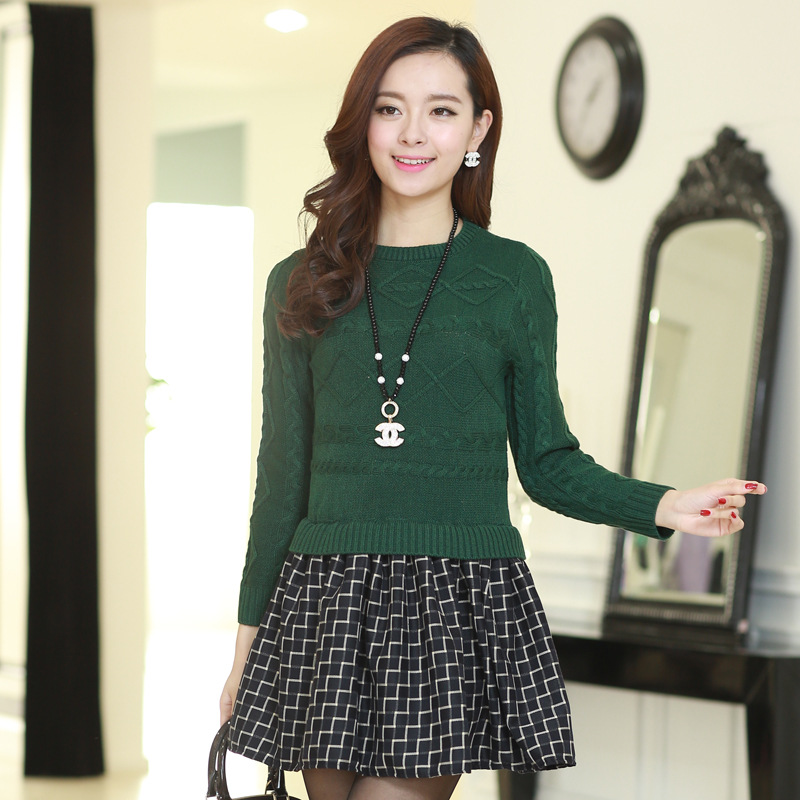 2014最新款<em>韩版</em>麻花加厚<em>针织</em>衫 <em>毛衣连衣裙</em>格