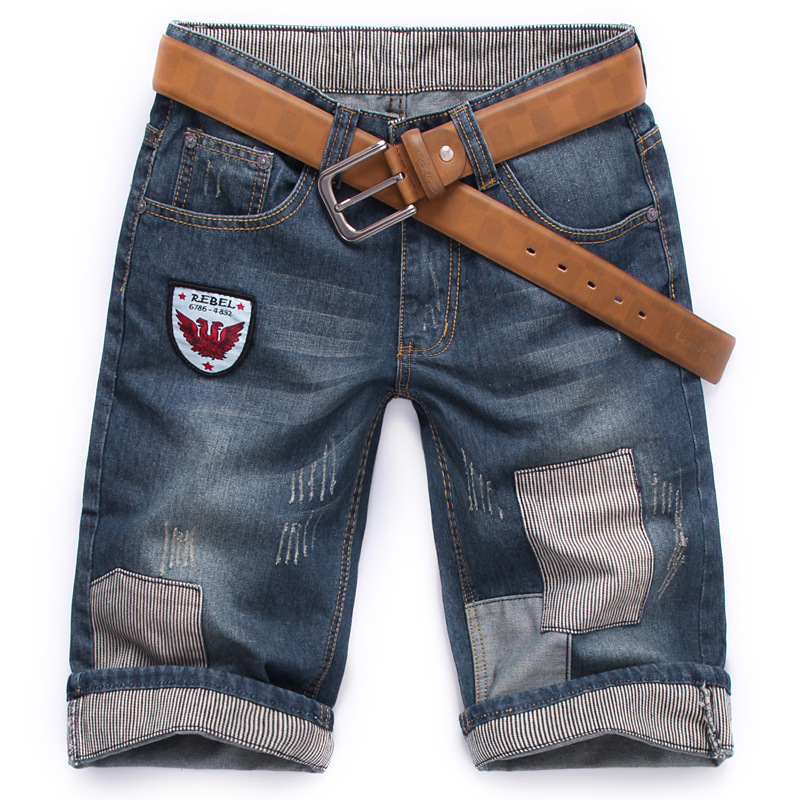 014夏季潮男时尚牛仔短裤补丁男士<em>男装马裤</em> 图
