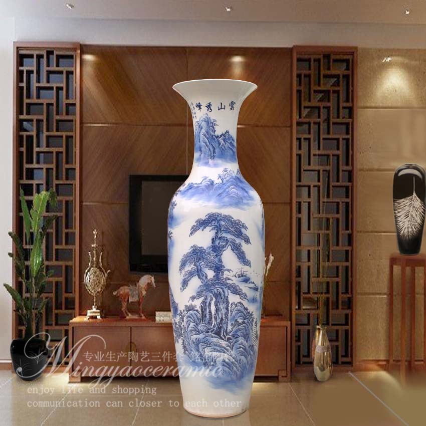 供应景德镇陶瓷落地大花瓶 精品云山秀峰 手绘青花酒店摆件 2213