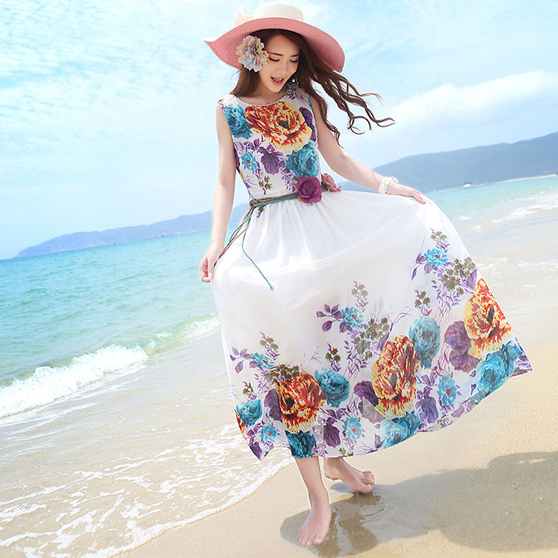 实拍2014欧美<em>时尚</em> 夏季花朵雪纺 沙滩度假<em>长裙</em>