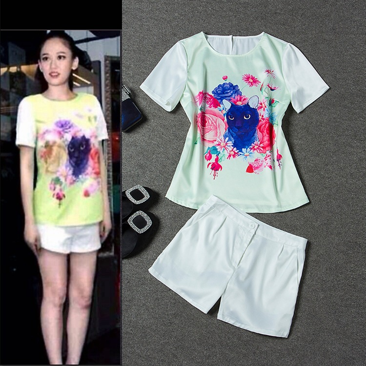陈乔恩<em>明星</em>同款<em>时尚</em>印花<em>短袖</em>T恤<em>短裤</em>套装 欧洲