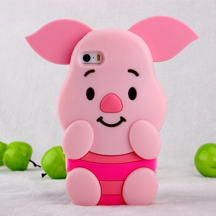 立体卡通粉色小猪硅胶套 iphone5手机壳 耳朵可