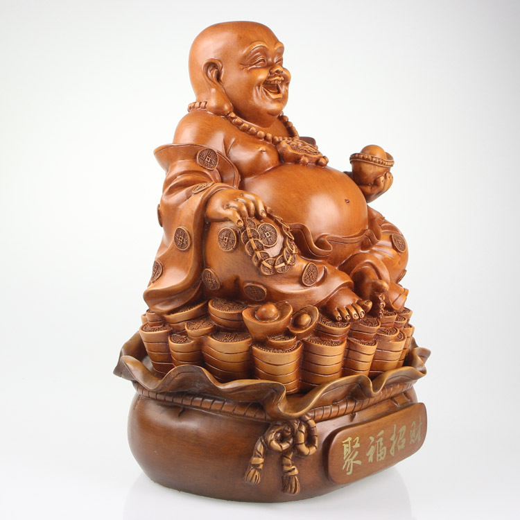 高仿印尼木纹聚福招财弥勒佛招财保平安佛摆件家居饰品乔迁礼品