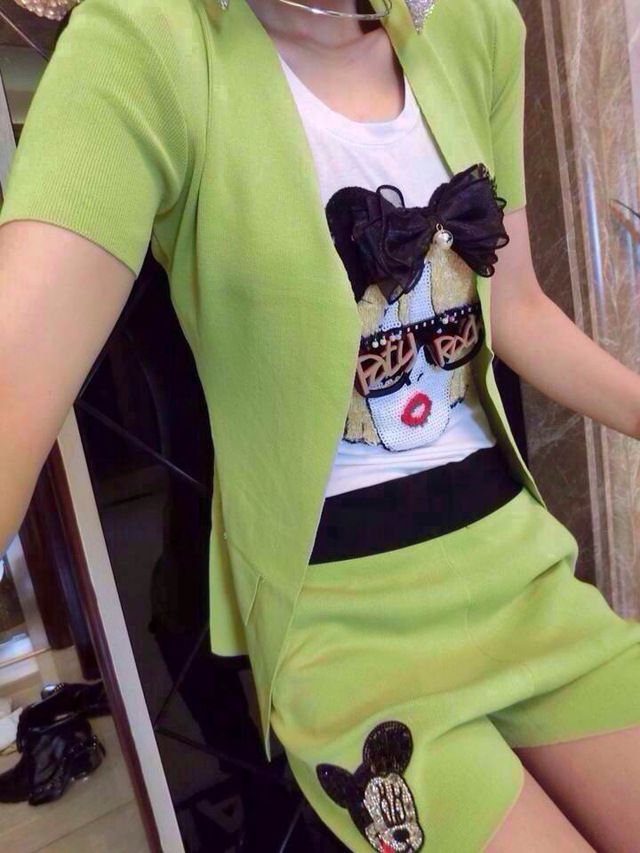 欧洲站 米奇烫钻短袖<em>小外套</em>+<em>短裤</em>两件套<em>套装</em> 