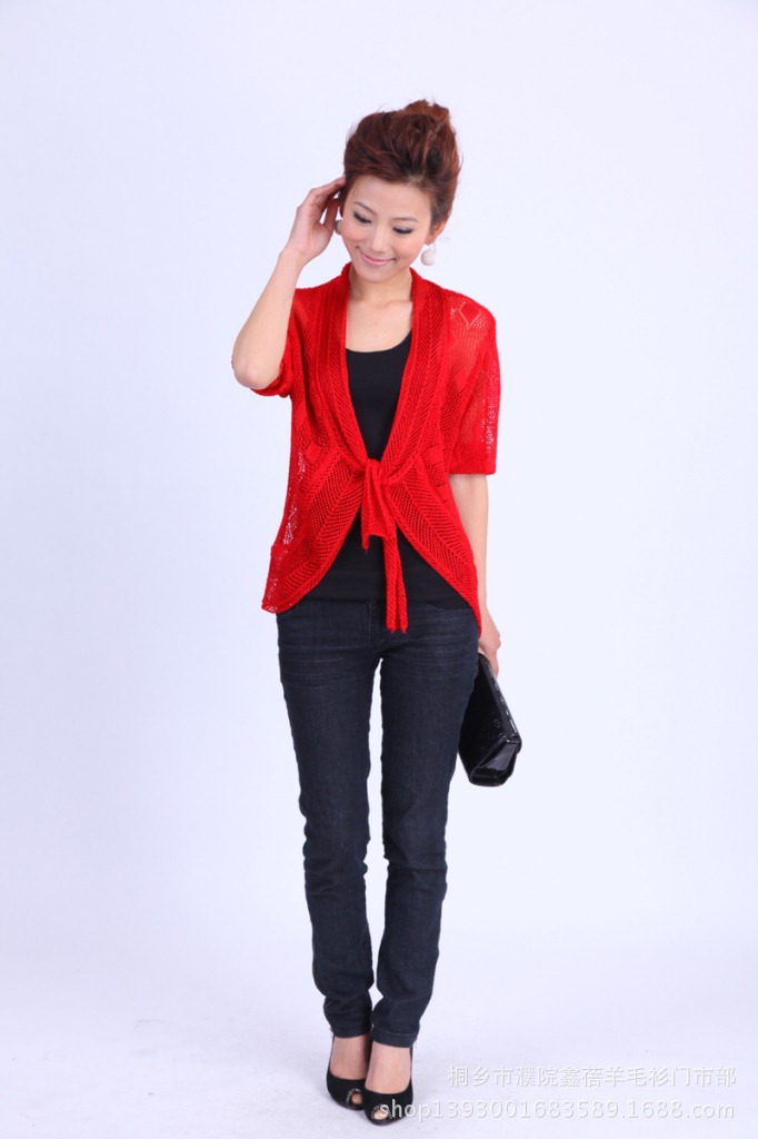 批发采购<em>女式</em>针织衫-中袖<em>圆摆</em>针织<em>开衫</em>镂空批