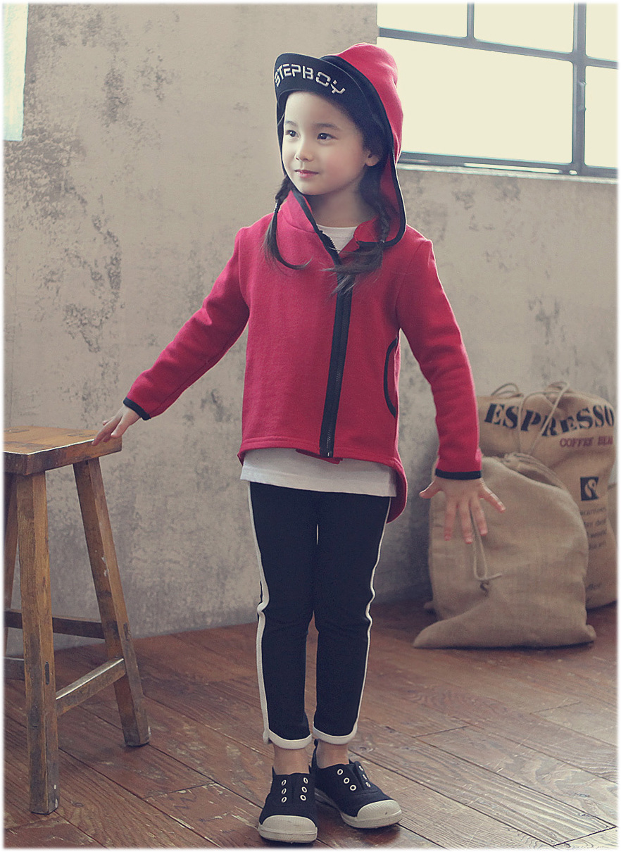 韩国进口童装女童卫衣外套 14春款 纯棉连帽侧