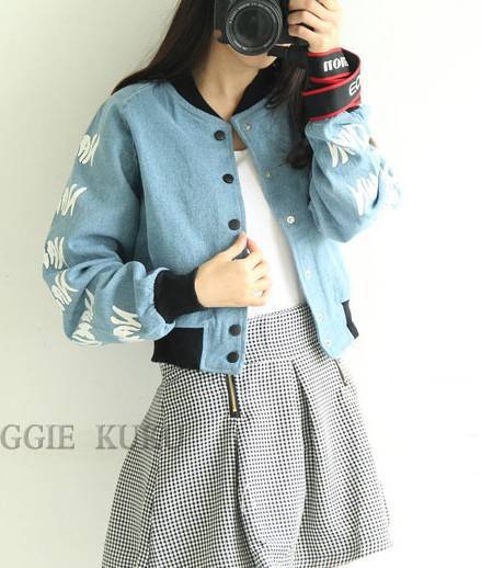 宽松长袖字母印花牛仔外套宽松棒球牛仔开衫百