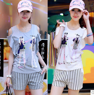 <em>运动</em>、休闲<em>套装</em>-2014夏季新款<em>靓女</em>印花露肩短