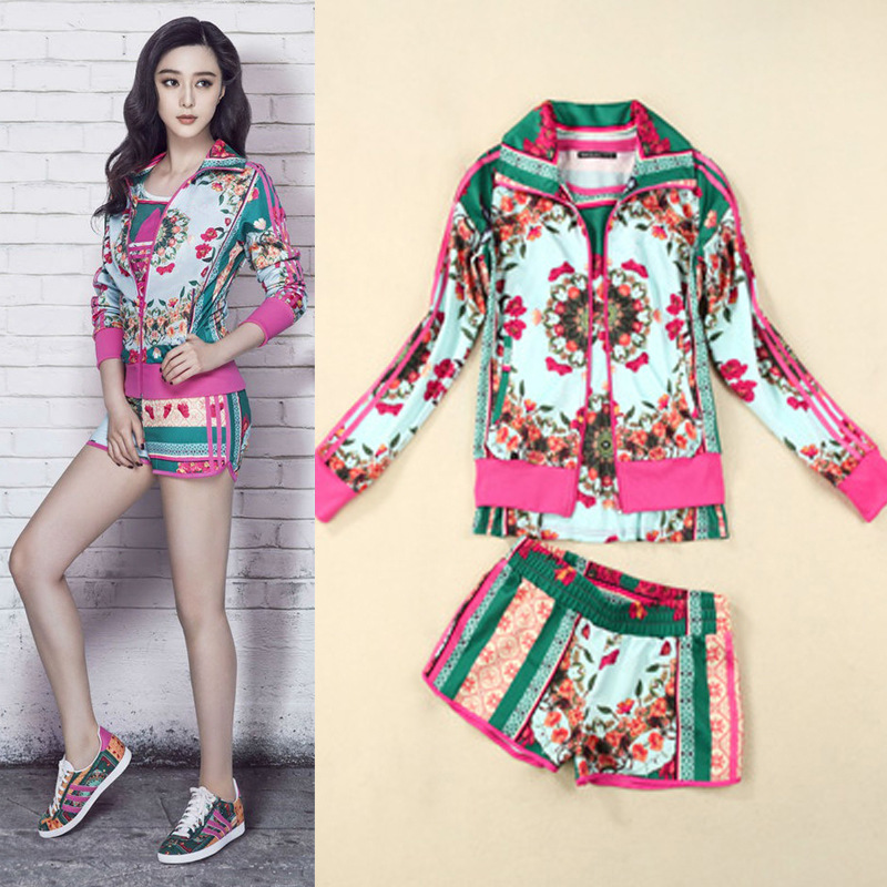 范冰冰<em>明星</em>同款欧美<em>时尚</em>印花外套<em>短袖</em>T恤<em>短裤</em>