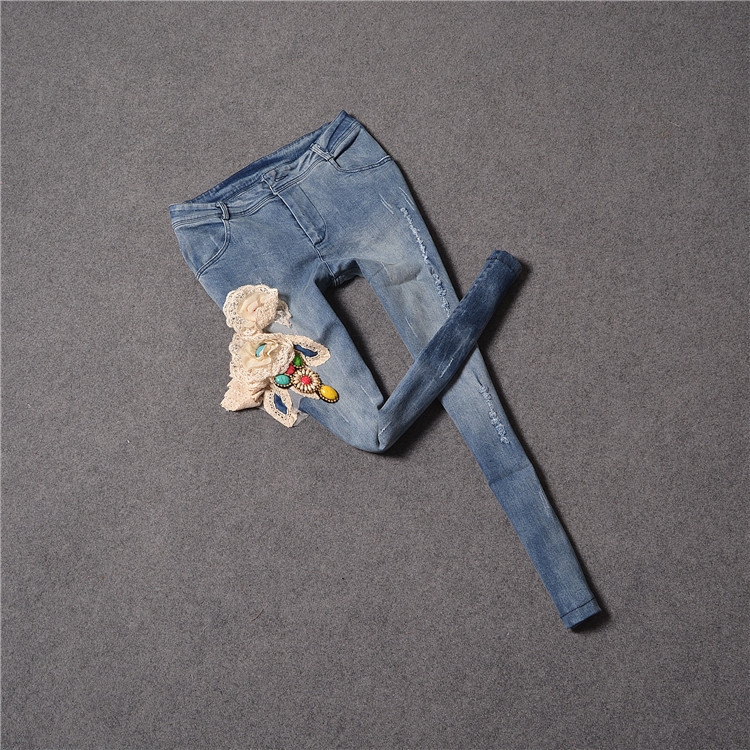 调调<em>欧洲站</em>2014春季<em>女装</em> 重工钉珠蕾丝花牛仔