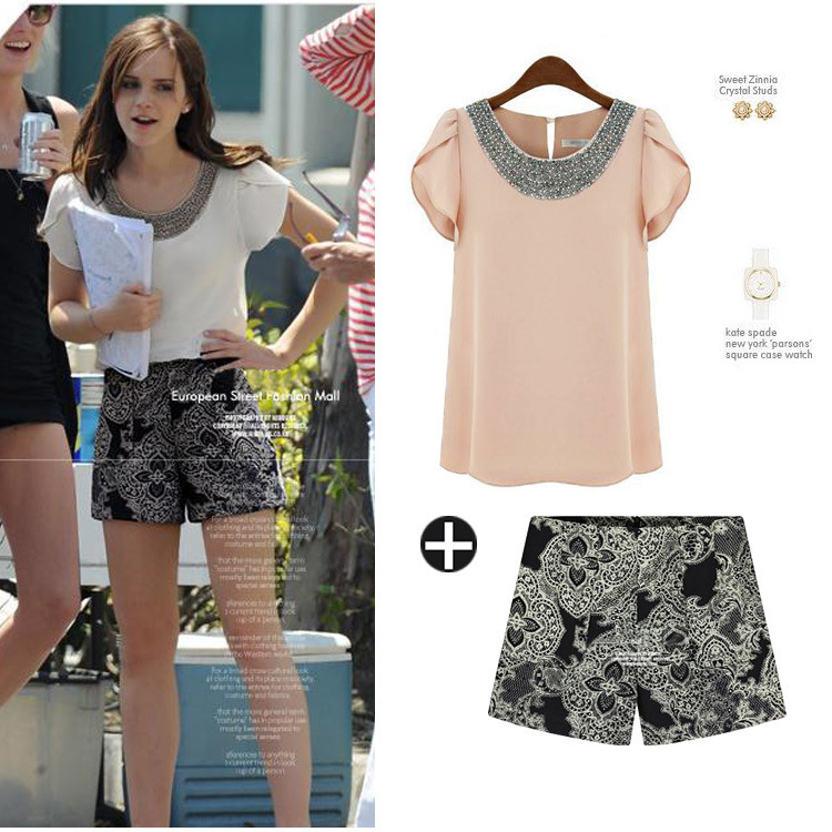 2014欧美<em>女装</em>夏季<em>新款</em>短袖钉珠<em>T恤短裤</em>休闲套