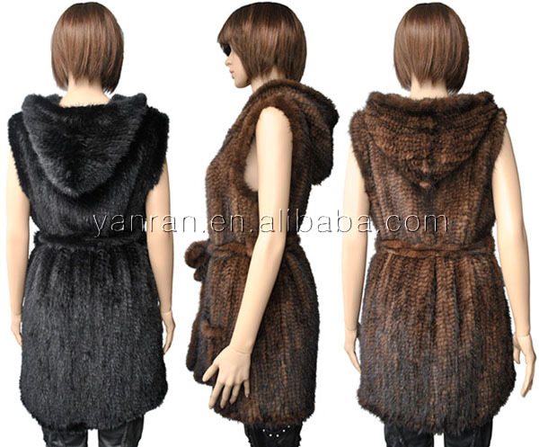 YR-282A水貂加密手工编织带帽<em>皮草</em>长<em>马甲黑</em>棕