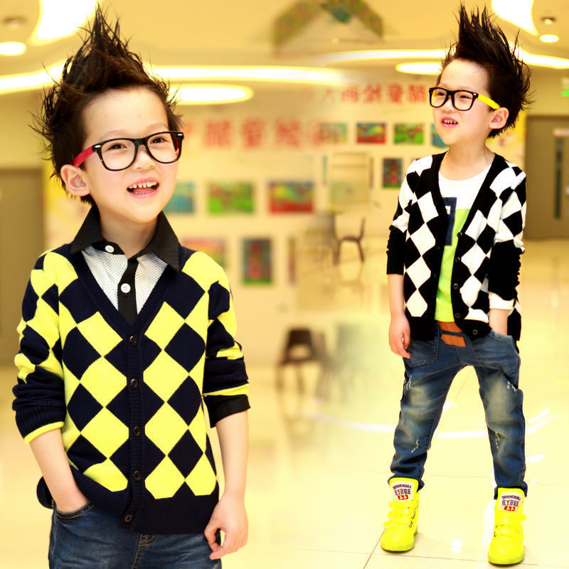 2014韩版男童潮品<em>针织</em>休息<em>开衫</em>毛衣外套格子