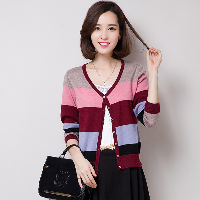 2014秋冬新款女撞色宽条纹<em>女装开衫</em>V领针织衫