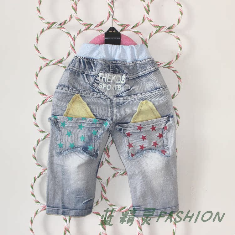童裤-<em>蓝精灵</em>时尚童装 2014个性七分<em>牛仔短裤</em> 