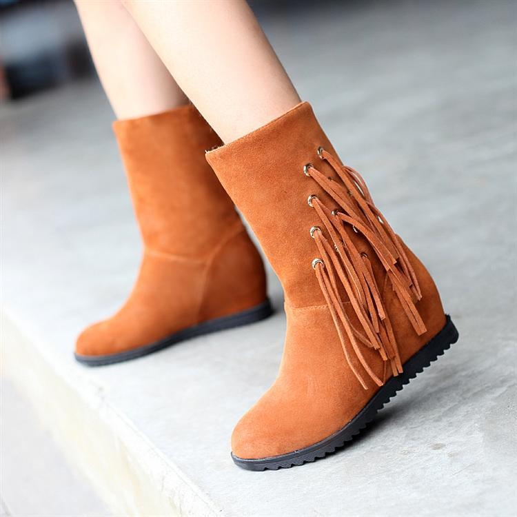 韩版女靴平低牛皮女靴时尚内增高女靴流苏靴