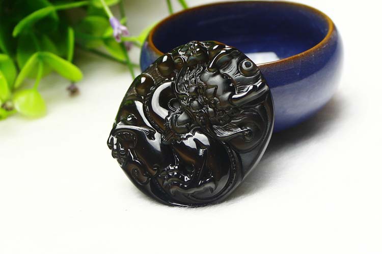 东海水晶 天然顶级冰彩冰种黑曜石龙牌吊坠 项坠批发 假一赔十