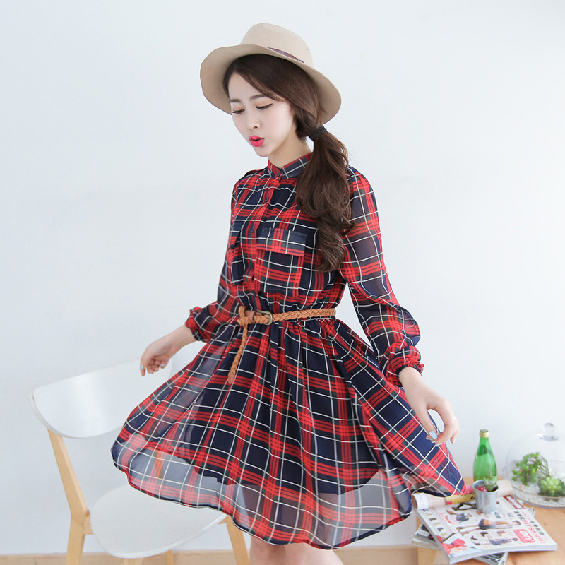 2014春装新款韩版女装衬衫领格子雪纺长袖连