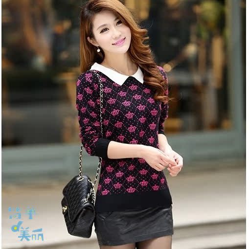 春装<em>娃娃领</em>女装<em>短款</em>翻领新款<em>毛衣打底</em>针织衫女