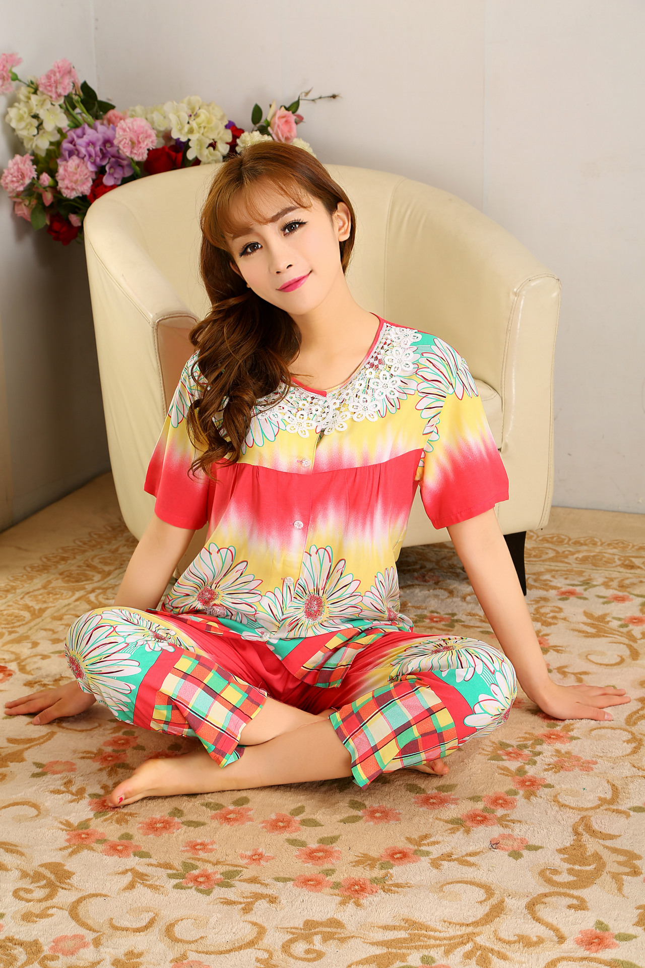 <em>绵绸</em> 春季新品韩版<em>女士绵绸睡衣</em>套装 袖大码家