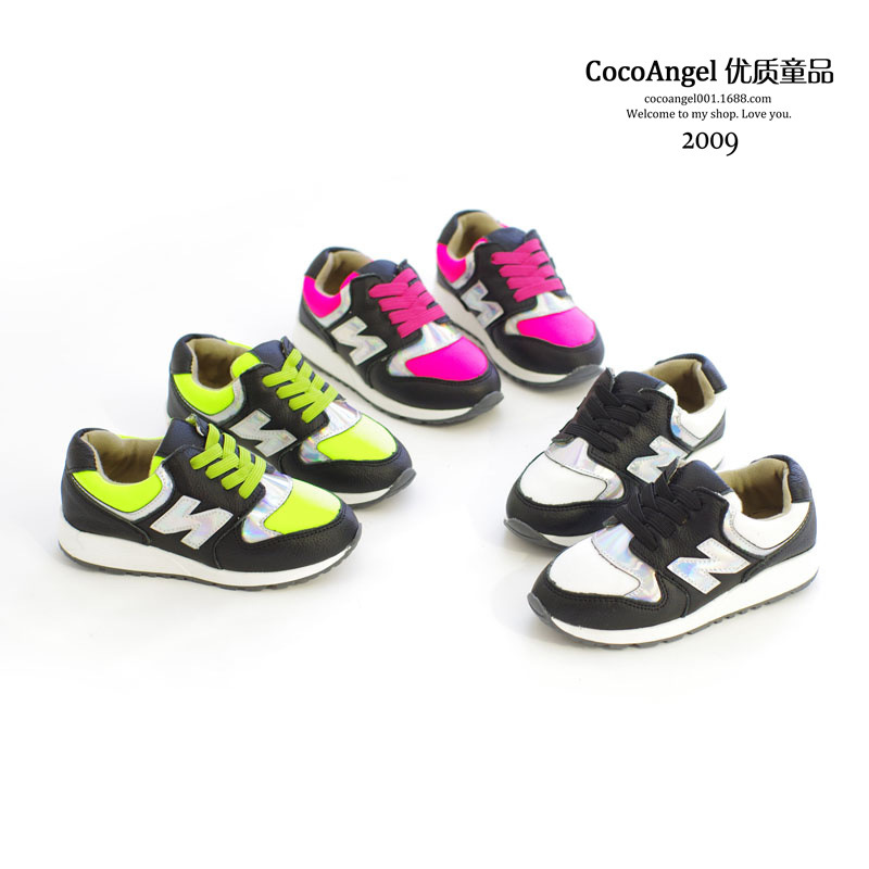 2014秋款 韩国儿童休闲鞋 男童女童荧光色N字款真皮运动鞋