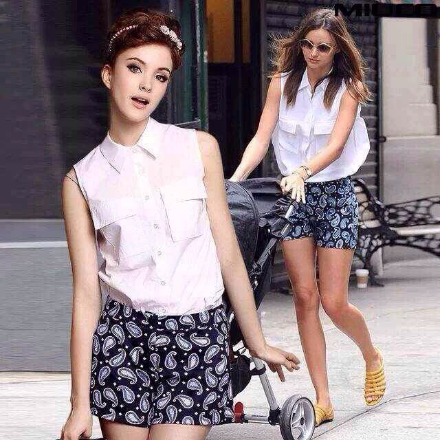 欧美女装新款 气质白衬衫 印花<em>短裤两件套套装</em>