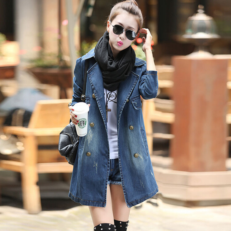 2014韩国女装 休闲秋季新款牛仔<em>外套</em> 中<em>长款长</em>
