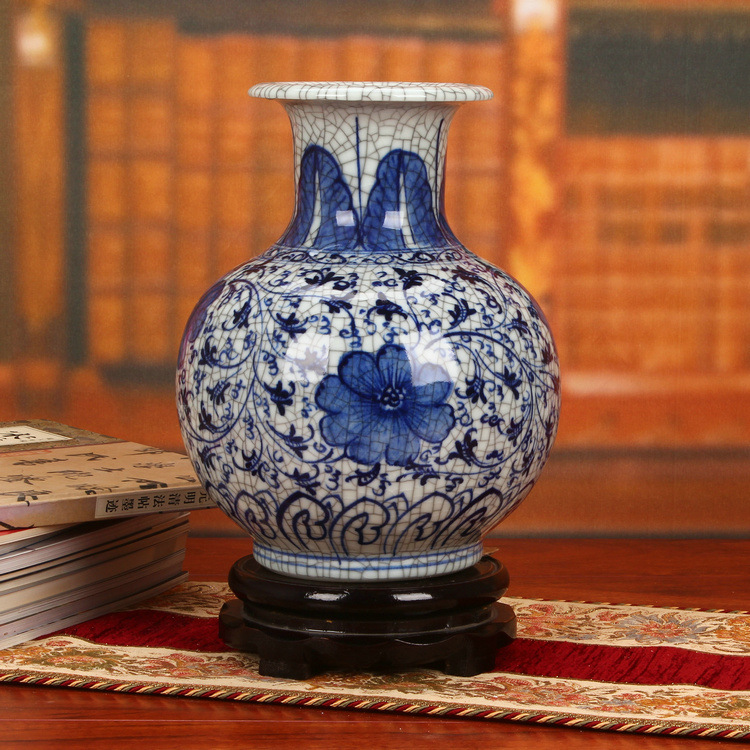 景德镇陶瓷器 仿古官窑青花瓷花瓶摆设 裂纹釉复古家居客厅摆件