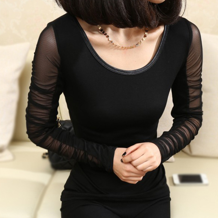 春季新款女装 低领网纱袖拼接 高领女式长袖t恤