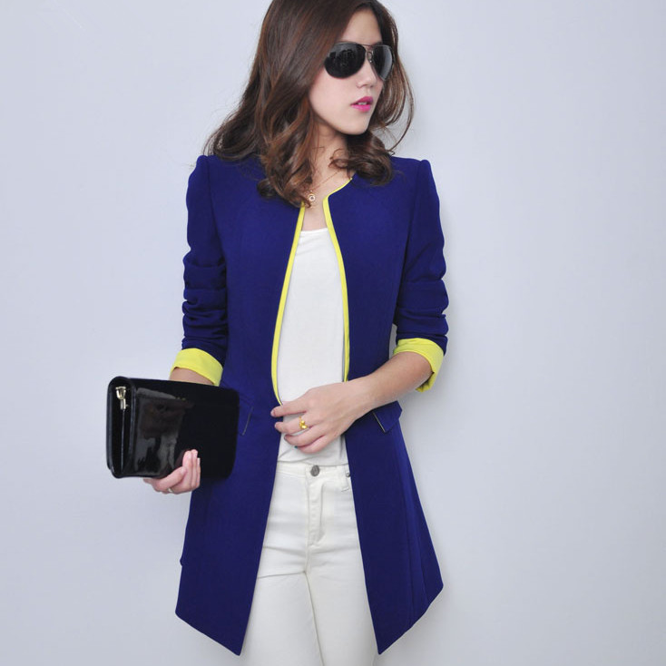 <em>2013</em>秋装新款<em>女装</em> <em>韩版</em>修身拼色中长款西服显
