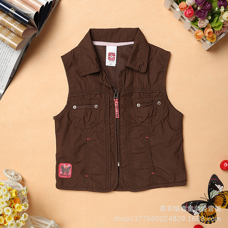 外贸原单here+there<em>深咖啡色</em>拉链女童马甲<em>开衫</em>