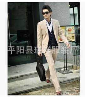 2014新款一粒扣男式西服套装米黄色时尚休闲小西装套装男新郎礼服