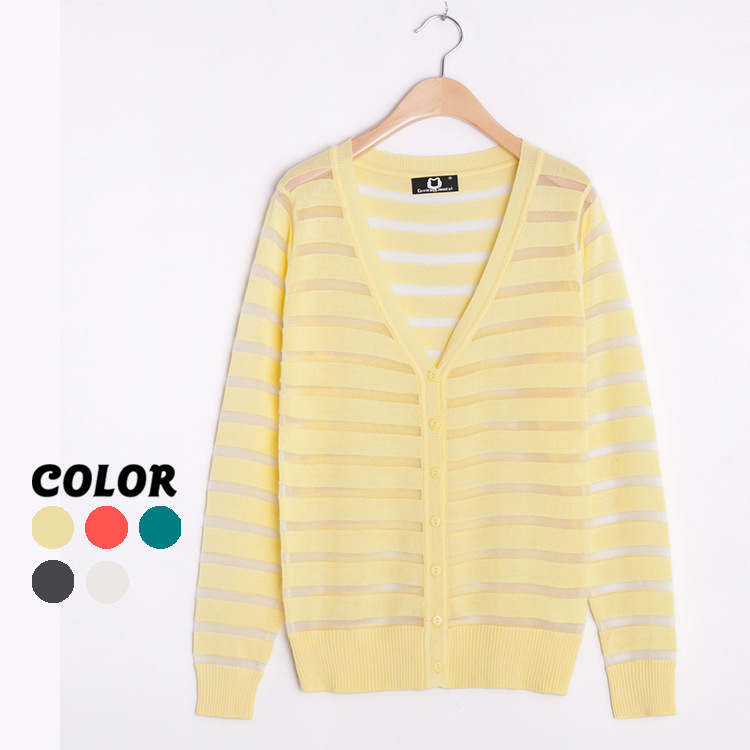 2014夏装 <em>韩版</em>女士<em>超薄</em>宽松透视<em>开衫</em> 长袖条纹