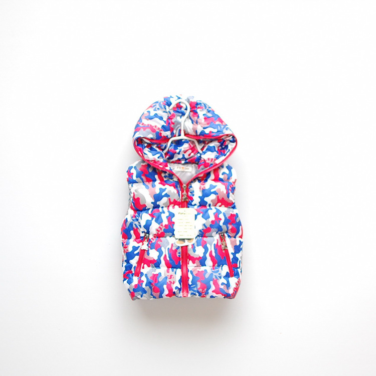 外贸童装 中童男童<em>女童</em>迷彩色带帽<em>羽绒棉马甲</em>