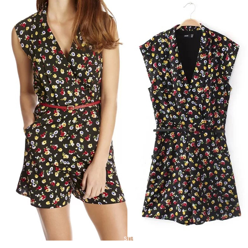 2014新款欧美风小碎花深V无袖<em>短裤连体</em>裤<em>女装</em>