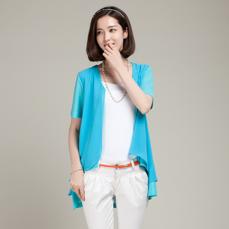 2014春夏女撞色双层针织开衫短袖雪纺衫空调