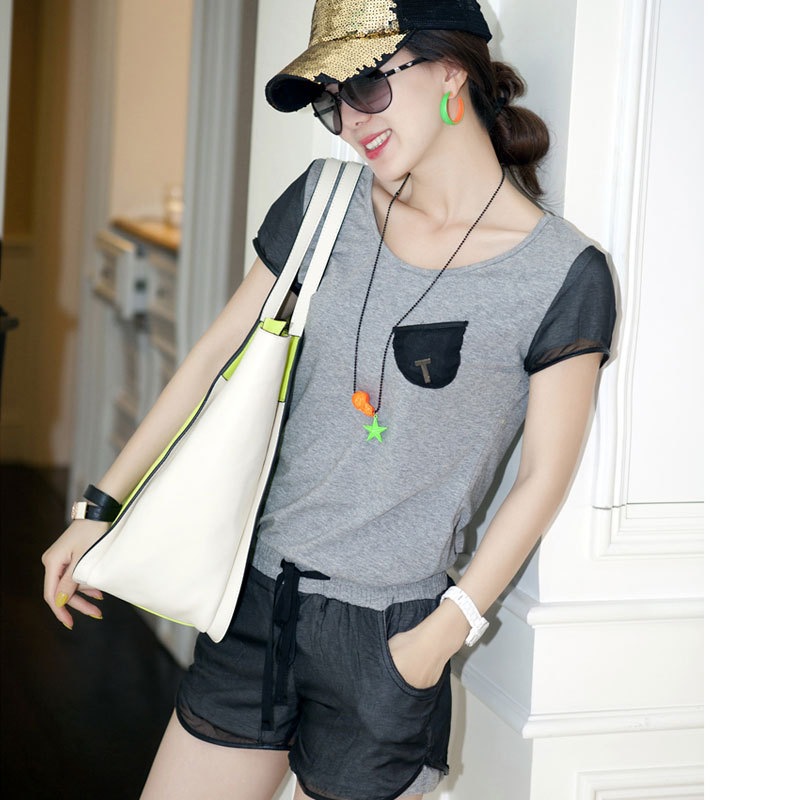 3096# 街头范儿 烟灰色<em>T恤</em>黑纱拼接<em>短裤 休闲</em>