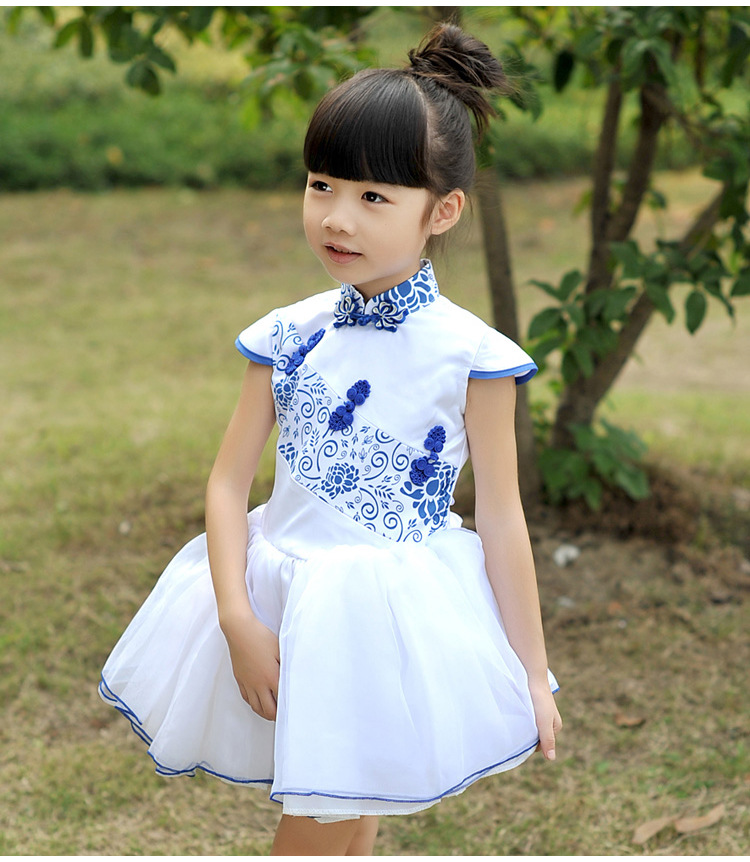童裙-2014新款<em>青花瓷女童公主裙</em>儿童旗袍婚纱