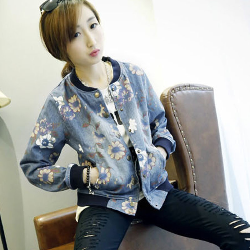2014秋季欧美印花牛仔<em>外套棒球服</em>花朵印花女