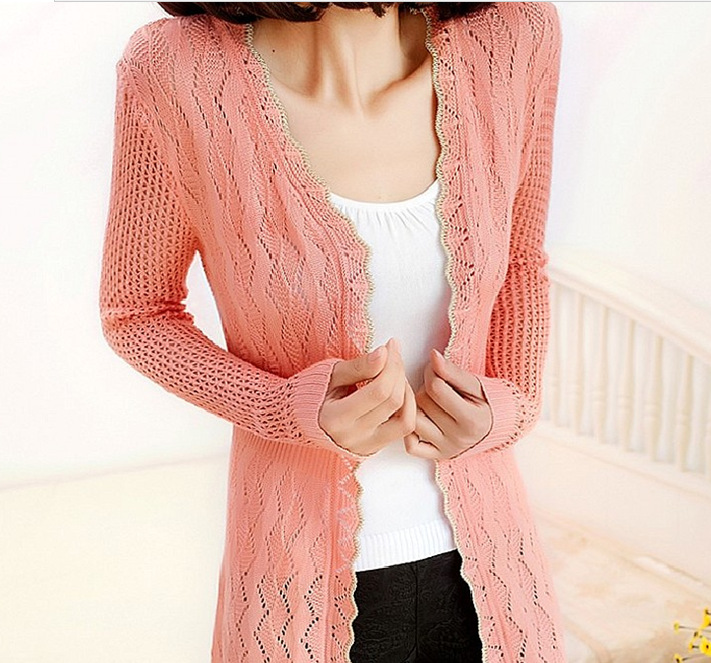 2014春款韩版修身中<em>长款针织衫</em>镂空毛衣<em>女开</em>
