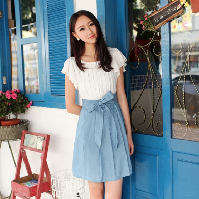 2014夏季新款韩版<em>连衣裙</em> 雪纺拼接牛仔 甜美圆