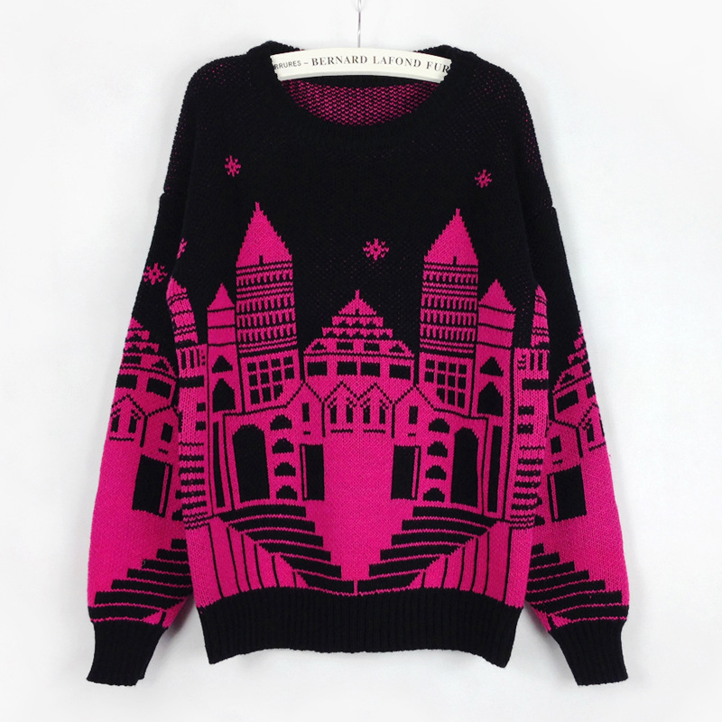 2014春季欧美名媛风迪斯尼城堡<em>毛衣提花</em>撞色