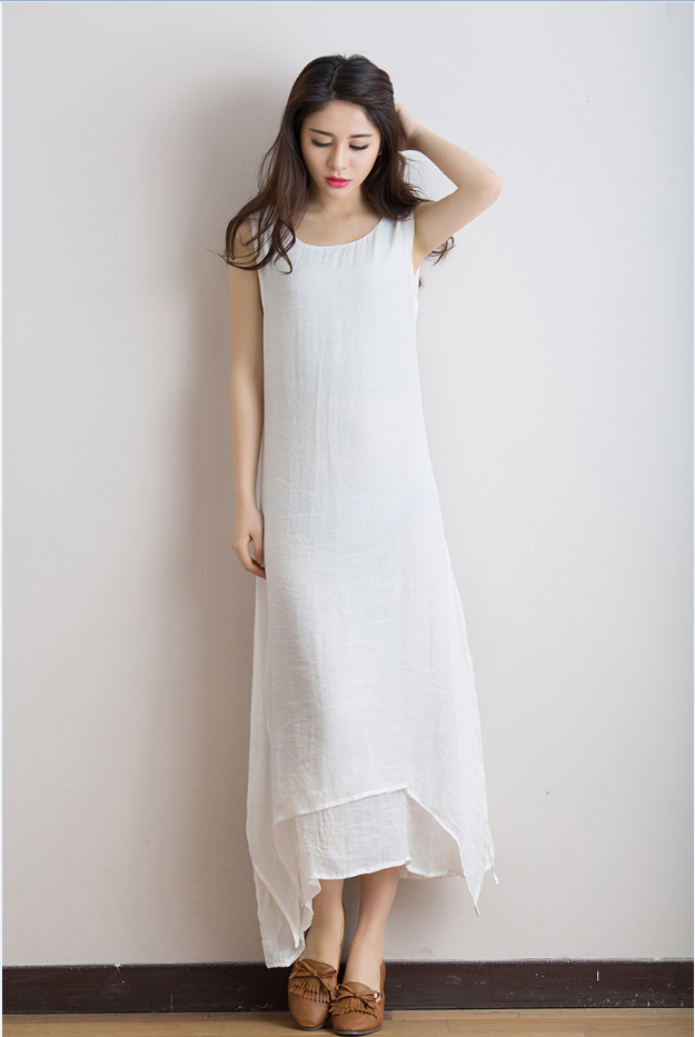 White dress wedding dress sleeveless Tiered linen Long dress women sundress S-L | eBay