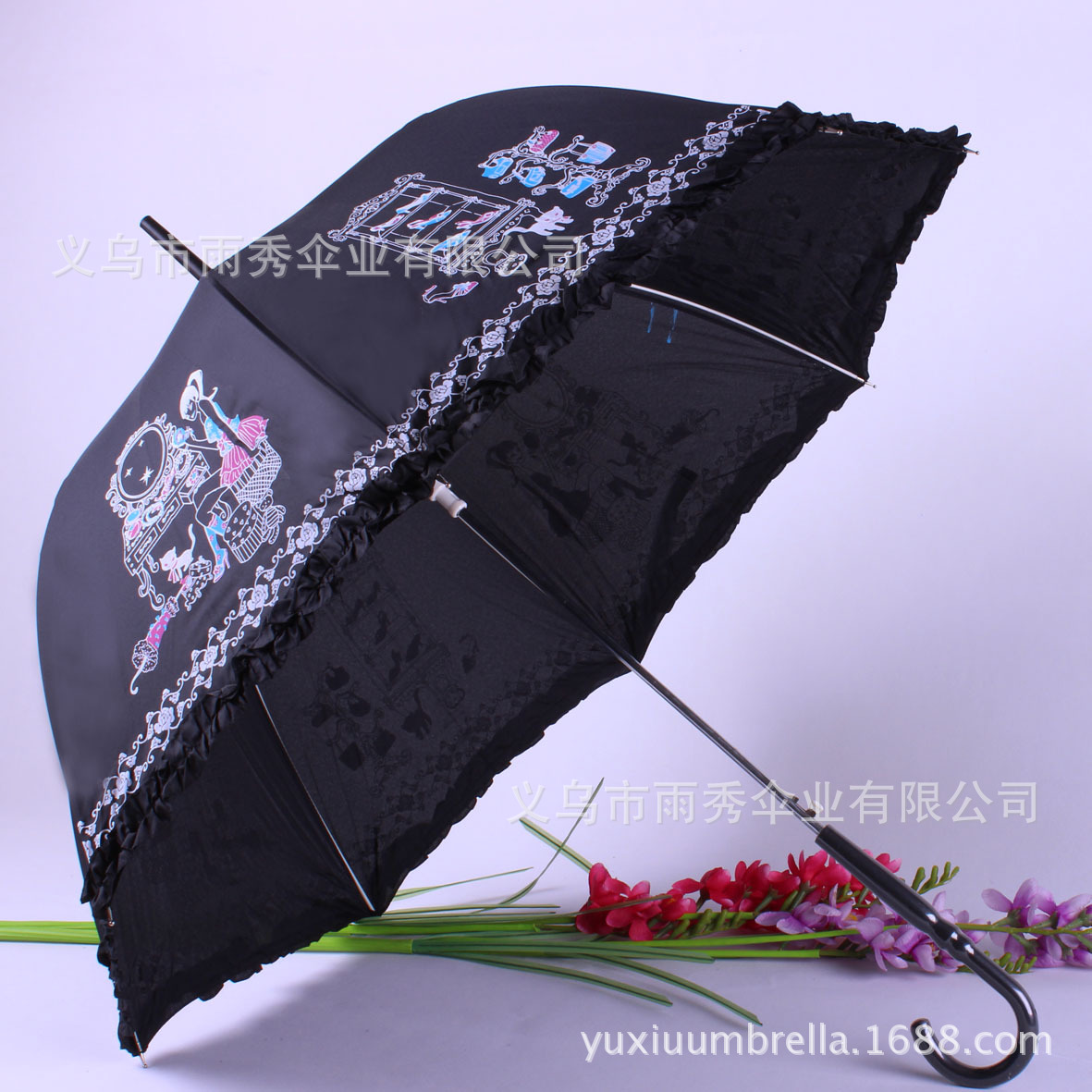 雨秀 阿波罗伞 直杆伞 纤维伞架带裙边弯手柄 外贸