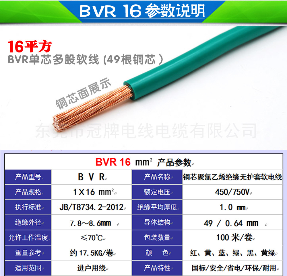 黄,绿,黄绿双色 每卷长度 100m(m)  标称截面积 16 线芯材质 裸铜线