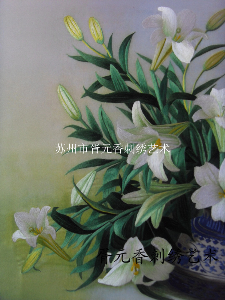 布艺手工,工艺品,苏州手工刺绣画,单面绣,挂件礼品,百合花